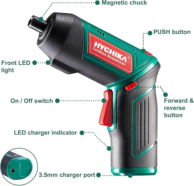 HYCHIKA Electric Screwdriver, 6N.m and 2000mAh 3.6V Cordless Screwdriver with 20 Accessories, Work Light, Charging Cable and Magnetic Chuck