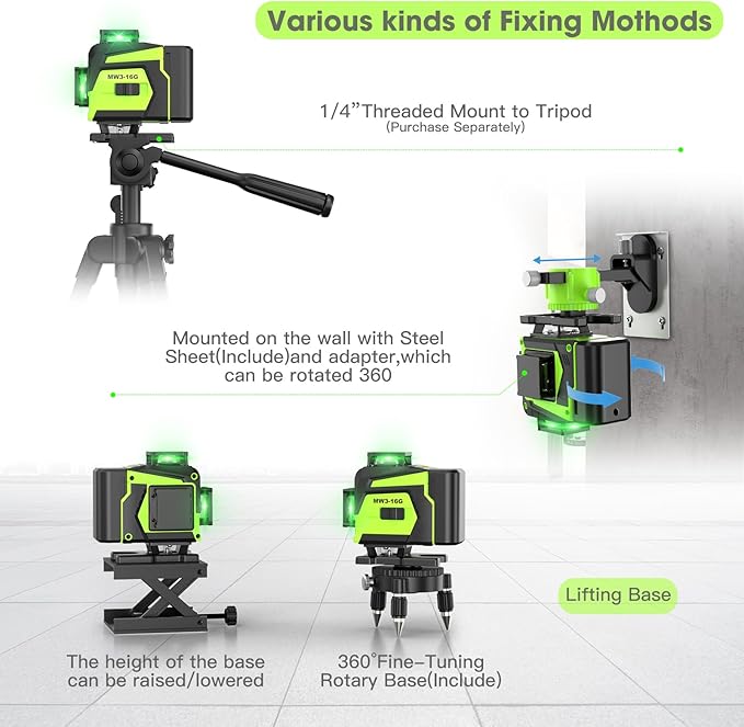 16 Line Laser Level 360 Self Leveling, 4x360°Professional 4D Green Cross Line laser Level with 2 Batteries, Adjustable Brightness & Remote Control, for Tiling Floor Construction and Picture Hanging