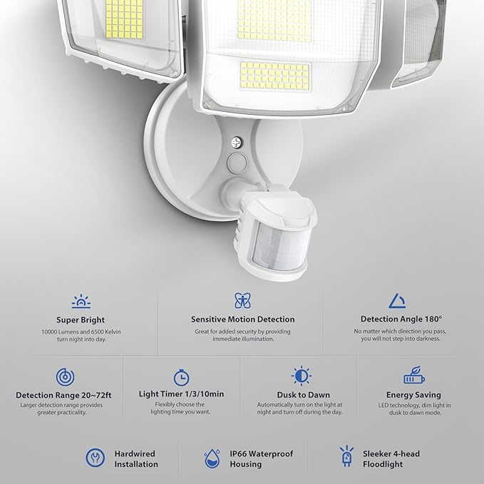Onforu 90W 10000LM LED Motion Sensor Outdoor Lights, 4-Head Dusk to Dawn Outdoor Lighting, Hardwired Flood Lights, IP66 Waterproof 6500K Security Floodlight for Outside (White)