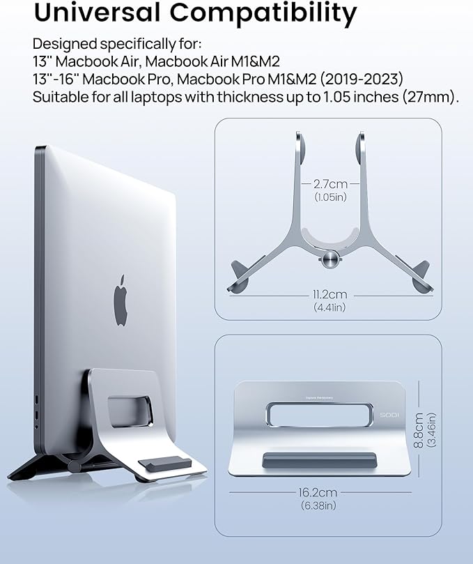 SODI Vertical Laptop Stand for Desk, Gravity Auto Lock Vertical MacBook Stand, Aluminum Laptop Vertical Dock Stand Holder Compatible with MacBook Pro, MacBook Air, Silver