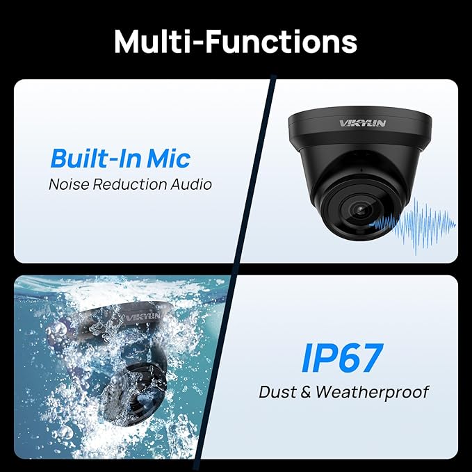 VIKYLIN 4K 8MP PoE IP Camera Outdoor, 4K PoE Turret Security Camera with Human Vehicle Detection, 2.8mm Lens, 98ft EXIR2.0 Night Vision,Built-in Mic, WDR, IP67, Blue Iris, NDAA Compliant, Black