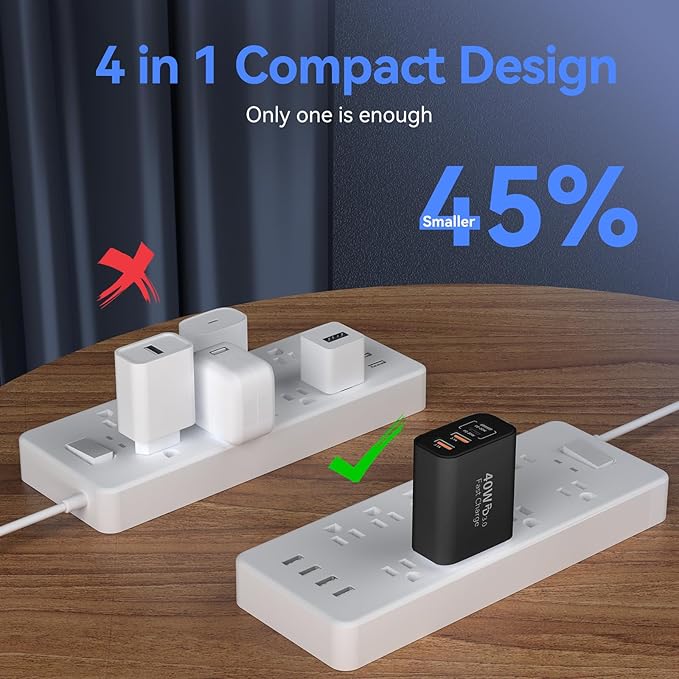 USB C Wall Fast Charger Block, 40W 4-Port Type C Chargers Fast Charging Blocks PD Power Charger Adapter+QC 3.0 USB Multiport Charger Brick for Phone 17/16/15/14/13/12 Pro Max, i-Pad, Galaxy S25-2Pack