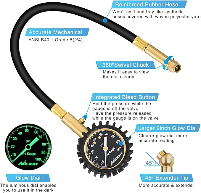Nilight Tire Pressure Gauge 100PSI Heavy Duty Large 2" Glow Dial ANSI B40.1 Certified Air Chucks Accurate Reading with Extended Hose for Truck Semi Truck ATV Motorhome Cars & RV Accessories