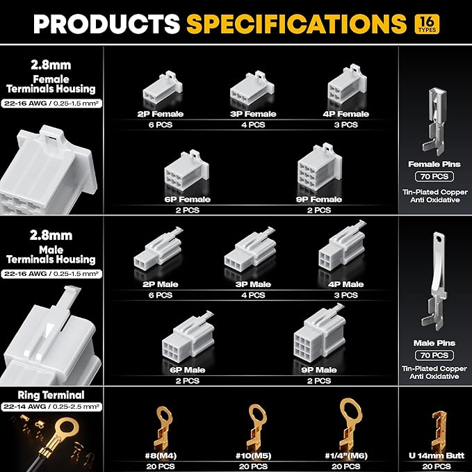Automotive Electrical Wire Connectors Crimping Tool Kit, 2.8mm 2 3 4 6 9 Pin Connector, AWG 24–14 Ratchet Crimping Tool with Extractor, for Car, Motorcycle, Boat, Trailer Wire Harness Repairs