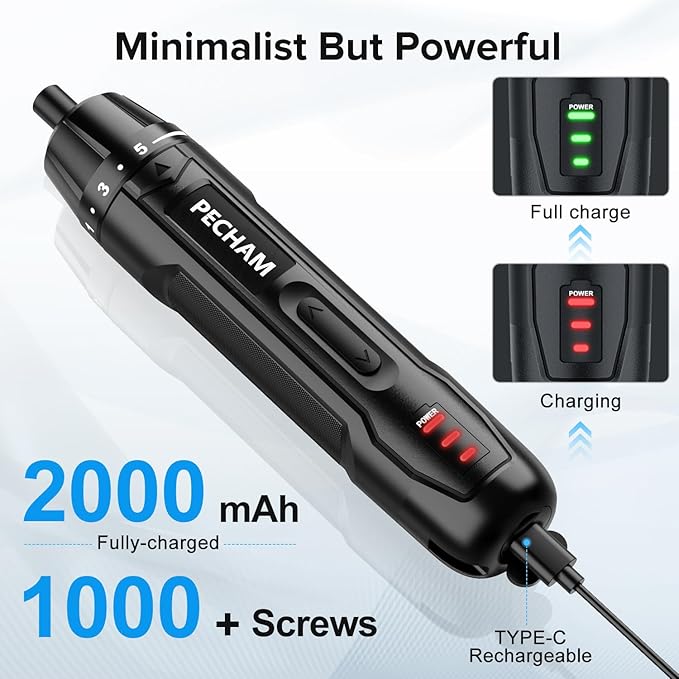 PECHAM 3.6V 2000mAh Cordless Screwdriver,Electric Screwdriver,350 RPM&5 Torque 5Nm,TYPE-C Charging, 8 Pcs Bits for Home Repairs,Portable Compact Design,Gifts for Men Him Dad Boyfriend