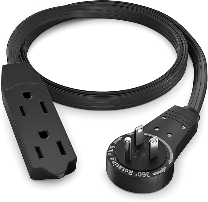 Maximm Cable 2 Ft 360° Rotating Flat Plug Extension Cord/Wire, 16/3 AWG Multi 3 Outlet 3-Prong Grounded Wire- Black - UL Certified