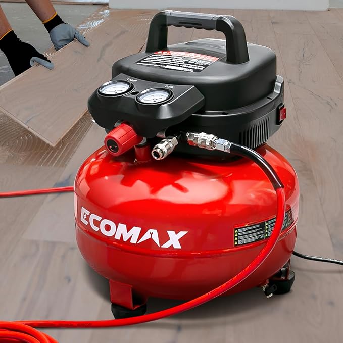 Air Compressor, 6-Gallon Pancake Air Compressor with 25 FT Air Hose, MAX 175PSI Pressure/1.5HP, Compressor for Air Tools, Car Tires, Garage, and Shop