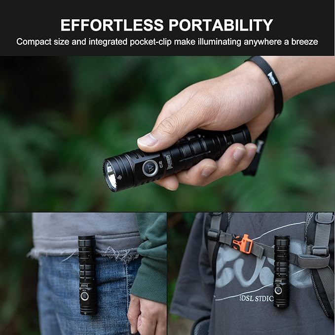 WUBEN C2 Flashlights USB C Rechargeable, 2000 High Lumens Tactical Flashlights with 7 Modes Flash Light, Pocket LED Flashlight with IP68 Waterproof for Emergencies, Outdoor, Camping