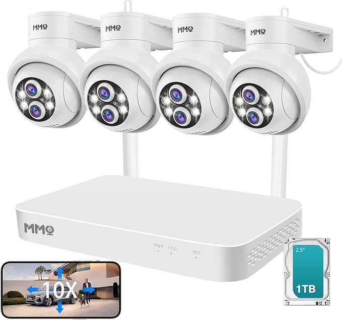 MMQ 【 Auto Track &10x Hybrid Zoom】 Dual Lens WiFi Security Camera System, 4PCS Wireless Cameras Outdoor with 1T HDD,10CH Expandable 5MP NVR, PTZ 2-Way Audio,Color Night Vision, Compatible with Alexa