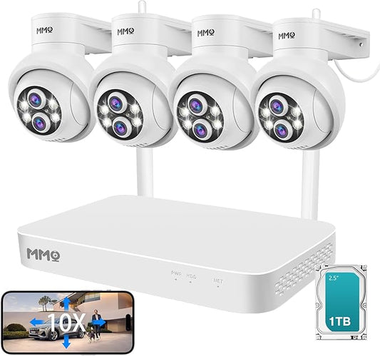 MMQ 【 Auto Track &10x Hybrid Zoom】 Dual Lens WiFi Security Camera System, 4PCS Wireless Cameras Outdoor with 1T HDD,10CH Expandable 5MP NVR, PTZ 2-Way Audio,Color Night Vision, Compatible with Alexa