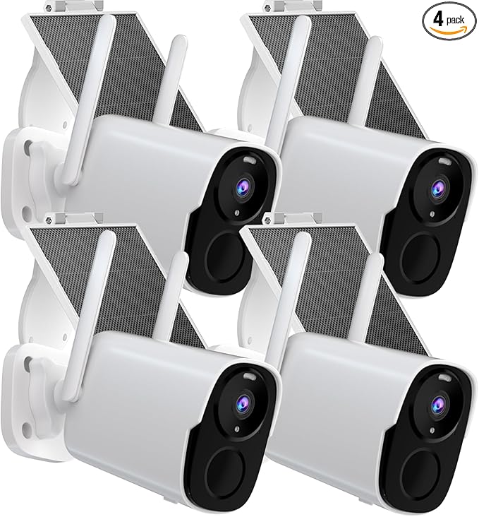 Rraycom Solar Camera Security Outdoor, Solar Powered WiFi System Surveillance Camera with 2K Color Night Vision, 2 Way Talk, Spotlight & Siren, Compatible with Alexa, BW4PLUS-SP, BW4P-SP-W-4PC