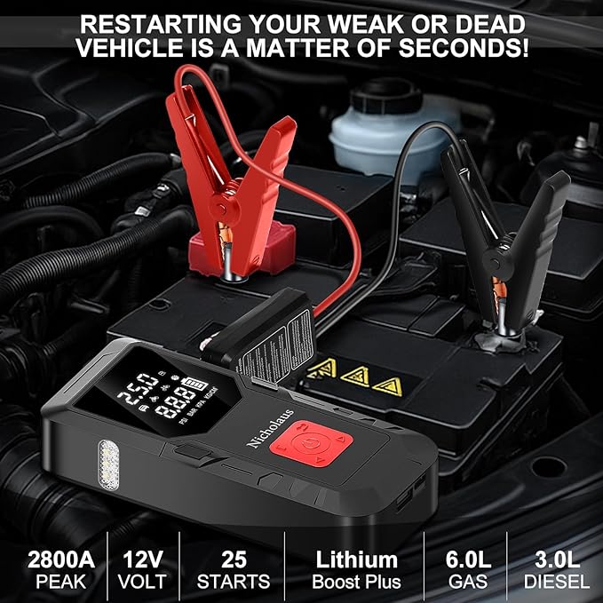 12 V Car 8000 mAh Battery Jump Starter 2800A with 150psI Air Compressor, Safe Smart Light and Practical Edition QB08L, Portable Jump Box and Charger for 6.0L Gas and 3.0L Diesel Engines.