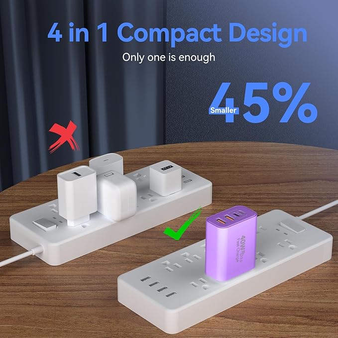 USB C Wall Fast Charger Block, 40W 4-Port Type C Chargers Fast Charging Blocks PD Power Charger Adapter+QC 3.0 USB Multiport Charger Brick for Phone 17/16/15/14/13/12 Pro Max, i-Pad, Galaxy S25-2Pack
