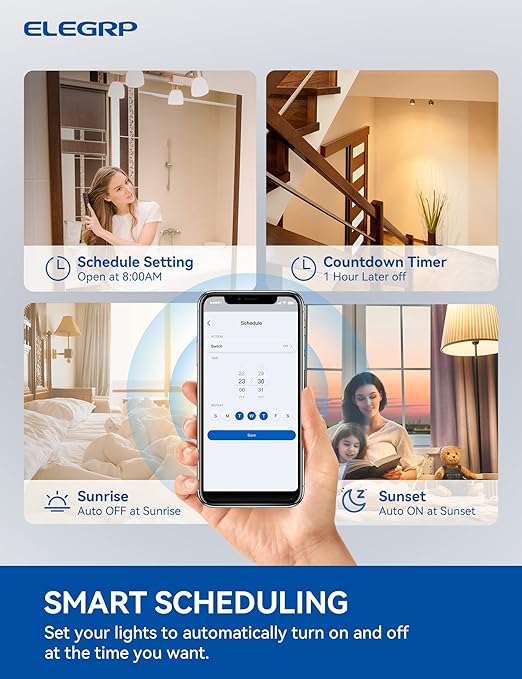 ELEGRP Smart Light Switch, 2.4GHz Wi-Fi Light Switch Compatible with Alexa & Google Assistant, Neutral Wire Required, APP Control and Timer Schedule, UL Certified, Single Pole/3 Way, Black, 1 Pack