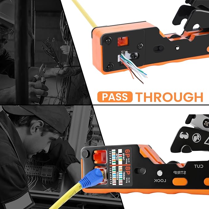 HARDELL RJ45 Crimp Tool, Pass Thru RJ11 Ethernet Crimper for Cat5 Cat6 Connectors, All-in-One 6P 8P Ethernet Crimping Tool Kit With Wiring Diagram, Replacement Blades, Cable Sheath, Tester & Battery