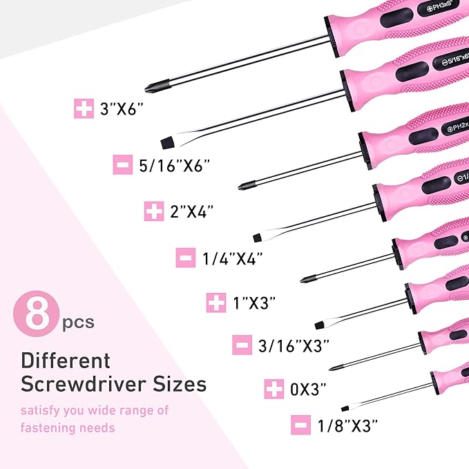 FASTPRO 12-Piece Pink Magnetic Screwdrivers Set with Slotted Phillips Screwdrivers and Precision Screwdrivers, Repair Tool Kit for Women with Storage Bag