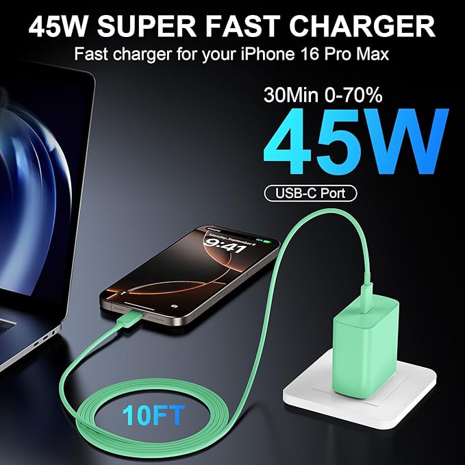 Phone 16 Pro Max Charger Fast Charging, 45W USB C Phone 16 Super Fast Charger Block with 10ft Long Type C Charging Cable Cord for Phone 16/16 Pro/16 Pro Max/16 Plus, 15/15 Pro Max/Pro/Plus Green
