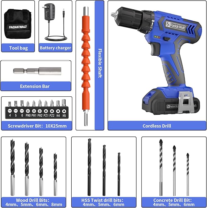 20V MAX Cordless Drill Set,Power Drill Kit with Lithium-Ion and charger, 3/8-Inch Keyless Chuck, 2 Variable Speed 21+1 Torque Setting Power Tools Kit，280 inch-lbs with LED Electric Drill Set