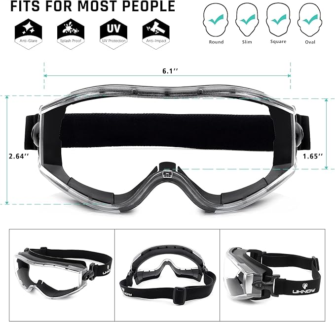 UKNOW Safety Goggles Over Glasses - Anti-Fog Clear Lens - ANSI Z87.1 Certified Eye Protection for Lab Work, Industrial Use