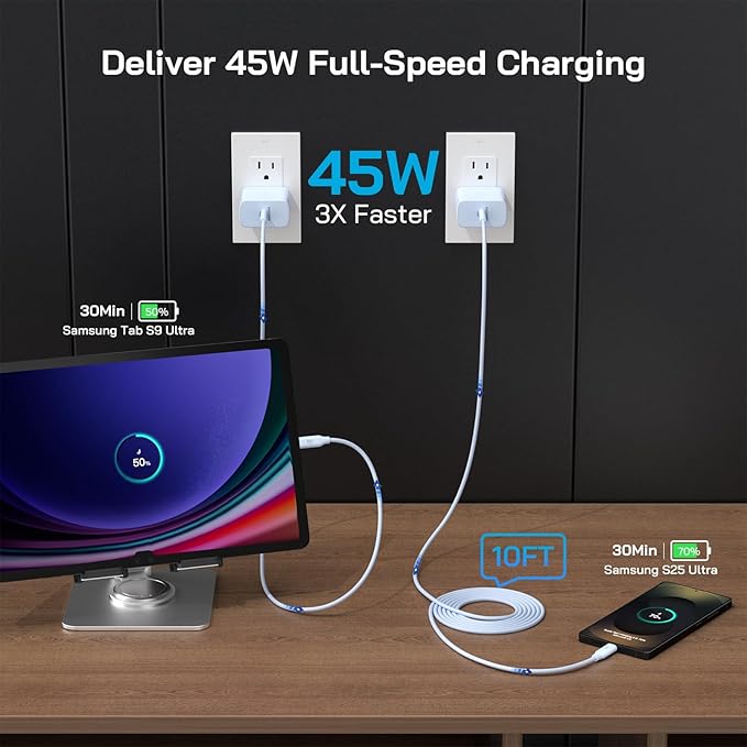45W Super Fast Charger Type C, [2 Pack] 45 Watt USB-C Charger PD/PPS Wall Charging Block for Samsung Galaxy S25 Ultra/S24/S23 Ultra/S23+/S22 Ultra/S22+/S20 Ultra, Tab S8(Blue, with 2X 10ft Cable)