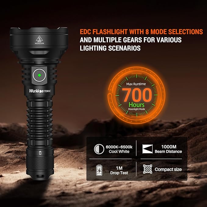 Wurkkos LED Tactical Flashlight Rechargeable - TD01C Tactical Flashlight High Lumens SFT40 LED Super Bright 1800LM with Buck Regulated Driver IP68 1000M Longest Range USB C