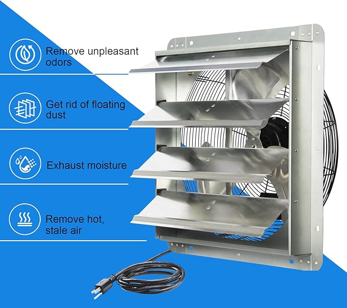 JPOWER 18 Inch Shutter Exhaust Fan, Gable Vent Fan, Wall Mount Ventilation, High Speed 2600 CFM, Automatic Aluminum Blades, for Garages, Shop, Greenhouse, Attic, with Power Cord