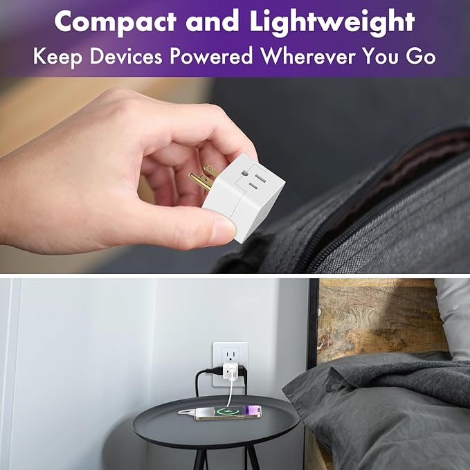 POWERCORDS 3 Power Blocks Outlet Splitter, 3 Pack, Grounded Wall Tap, 3-Prong Plug Adapter AC Multi Plug Wall Outlet, Power Splitter, Cruise Essentials, for Home Office School Dorm, UL Listed, White