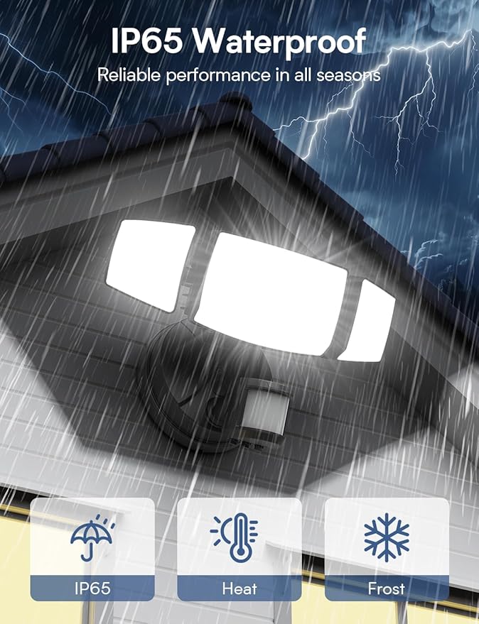 Olafus 80W Motion Sensor Outdoor Lights, 8000lm Hardwired Motion Flood Light Dusk to Dawn, IP65 Waterproof LED Security Floodlights, 6500K Motion Detector Lights for Outside, Black