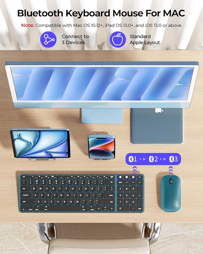 seenda Bluetooth Keyboard and Mouse for Mac, SKM64-2 Multi-Device Rechargeable Slim Wireless Keyboard Mouse Stainless Steel Full Size, Compatible with MacBook Pro/Air, iPad, Mac - Black Blue
