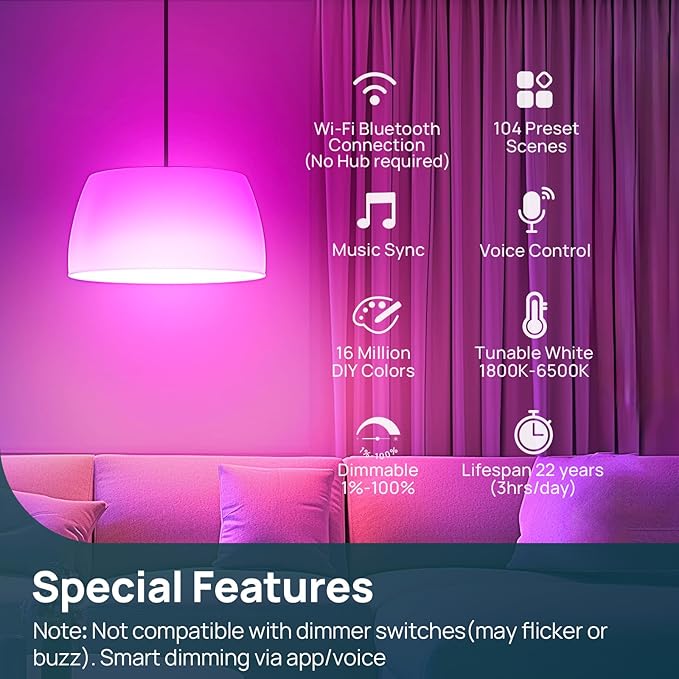 Linkind Smart Light Bulbs, 1600LM (100W Equivalent) Smart Bulb, Compatible with Alexa, RGBTW Color Changing Bulb Music Sync, 2.4GHz Wi-Fi & Bluetooth, LED Alexa Light Bulbs 14W, A21 E26, 6Pack