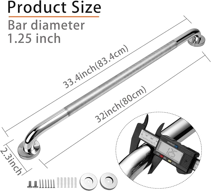 Shower Grab Bar, 2 Pack 32 Inch Bathroom Grab Bar, 304 Stainless Steel 1.25" Diameter Anti-Slip Handicap Grab Bar Support Shower Rail Senior Handrail Shower Safety Bar Handle