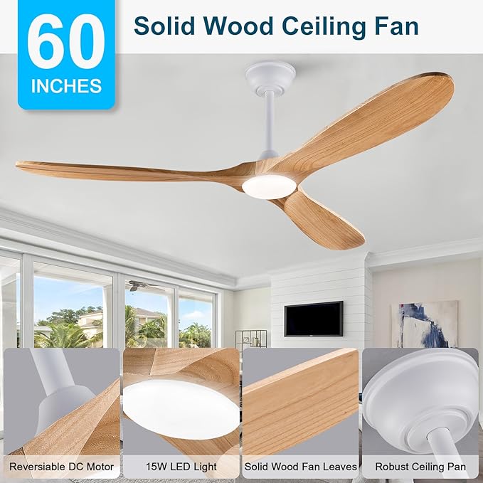 60'' Modern Ceiling Fans with Lights and Remote,3 Blade Wood Fan,6 Speed DC Motor Outdoor Indoor White Ceiling Fan for Patio,Living Room,Bedroom