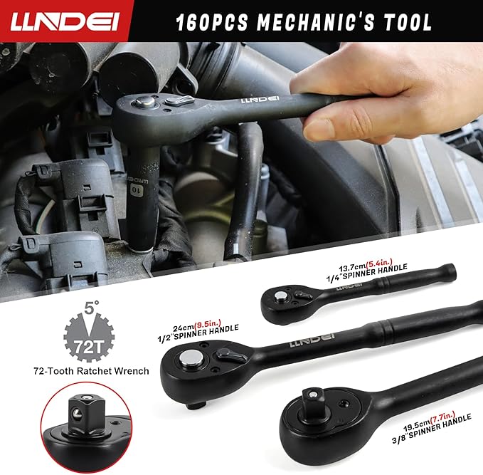 LLNDEI 160-Piece Mechanics Tool Set, Metric Socket Set 1/2 1/4 3/8 inch Drive Professional Tool Kit, CR-V Deep & Shallow Kit with Quick Release Ratchet