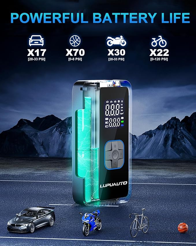 Tire Inflator Portable Air Compressor, 150PSI Air Pump Tires Portable with Pressure Gauge, Tire Inflator with LED Light for Car, Bike, Motorcycle, Balls