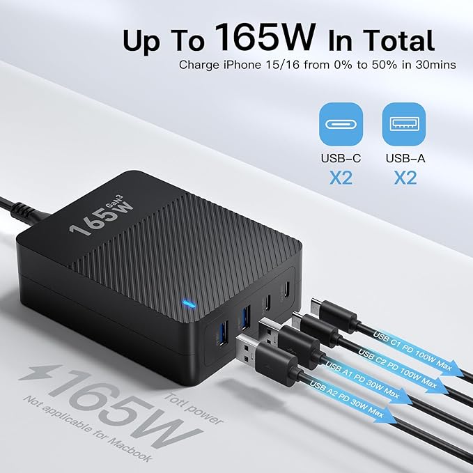 2025 Latest USB C Fast Charger,165W GaN 4-Port Charging Station Hub Block Cube, USB C Wall Charger Blocks with Dual Type C Ports,for iPad/iPhone 17 16 15 14 13 12 Pro Max Pixel Note Galaxy