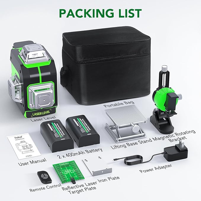 Laser Level, 3x360° Self Leveling Green Cross Line Laser for Construction and Picture Hanging with Rechargeable battery, Remote Controller, Magnetic Rotating Stand