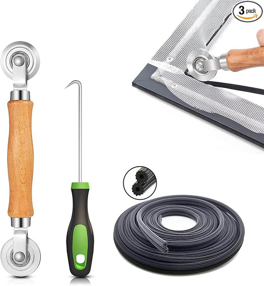 Screen Repair Kit/Tool, King&Charles Screen Roller Tool, Steel Roller with Bear, 32 ft Spline, Removal Hook, 3 in 1 Window Repair Kit, for Installing Door Window Mesh.