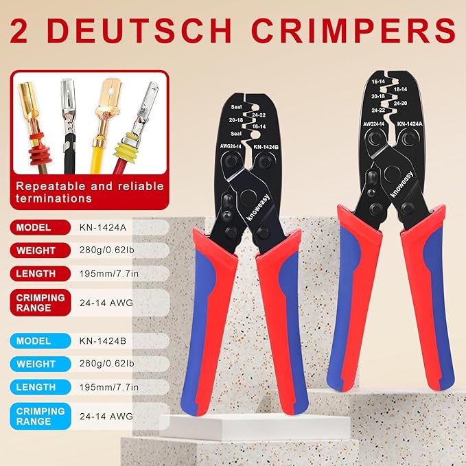 Knoweasy Deutsch Crimper Kits for Deutsch DT Connectors: Close Barrel and Open Barrel Crimper, Deutsch Removal Extraction Tool, Weather Pack Terminals - Includes 12PCS