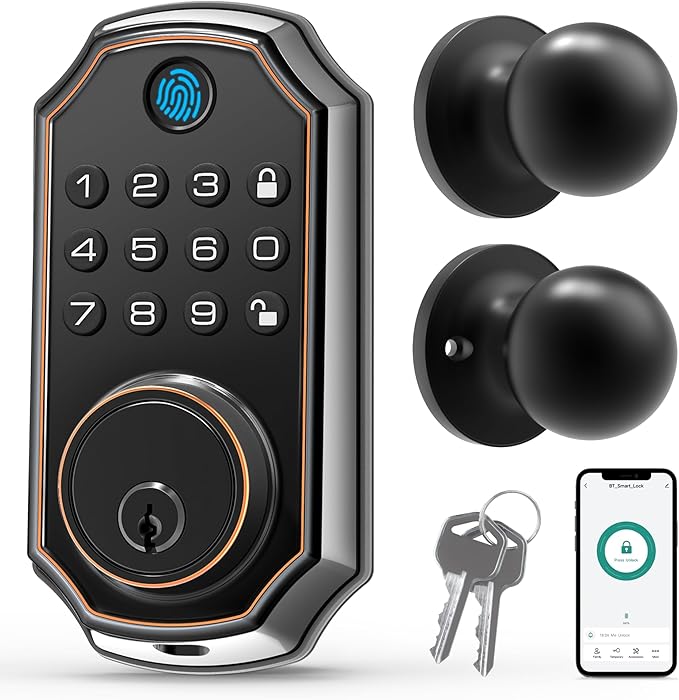 LOCK&SOLVER Keypad Door Lock with Handle, Smart Locks for Front Door, Keyless Entry Doorlock, Deadbolt Lock with Handle Set, App Remote Control, Easy Install with Video Guide, Rust-Resistant Zinc