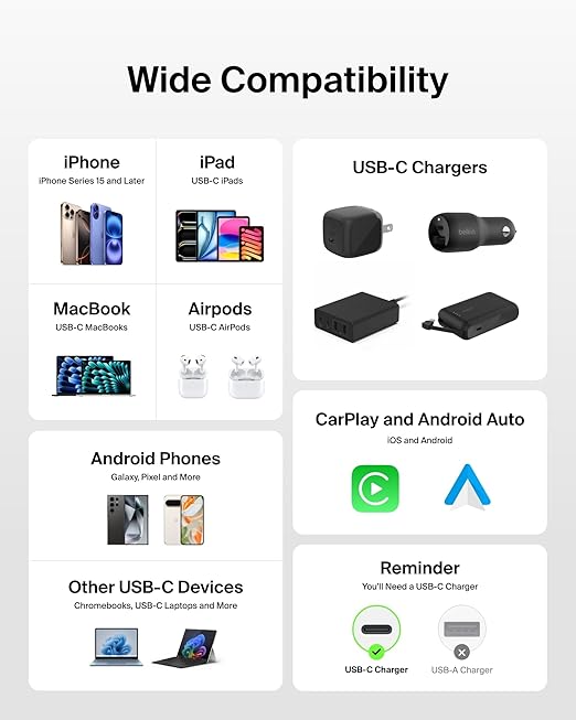 Belkin USB C to USB C Cable 2-Pack, 9.9ft, 60W - Type C Charger, iPhone Charger Cord, Soft, Braided, Flexible for iPhone 16, Galaxy S25, Pixel 9, Airpods, iPad Pro & More, Travel Essentials - White