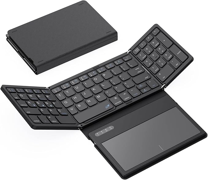 Foldable Bluetooth Keyboard, Portable Full Size Folding Keyboard with Large Touchpad, Numeric Keypad, PU Leather, Wireless TravelKeyboard for Windows Android Mac(Sync up to 3 Devices)