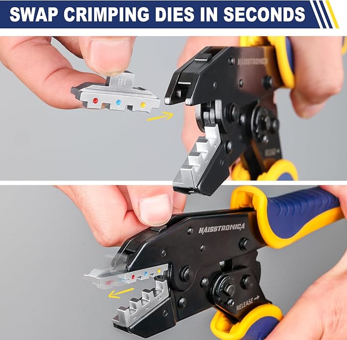 haisstronica 6 in 1 Crimping Tool Kit and Wire Stripper, Ratcheting Wire Crimper with 6 PCS Interchangeable Dies for Heat Shrink,Non-Insulated,Ferrule,Open Barrel,Insulated Connectors, men tool gifts