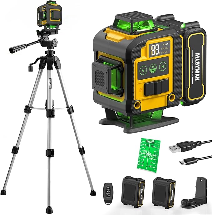 Laser Level with Tripod, Alloyman 4x360° Self Leveling Laser Level, Green Line Laser 4D Laser Leveler Tool with 2Pcs Lithium Batteries for Picture Hanging, Tile, Home Renovation, Indoor