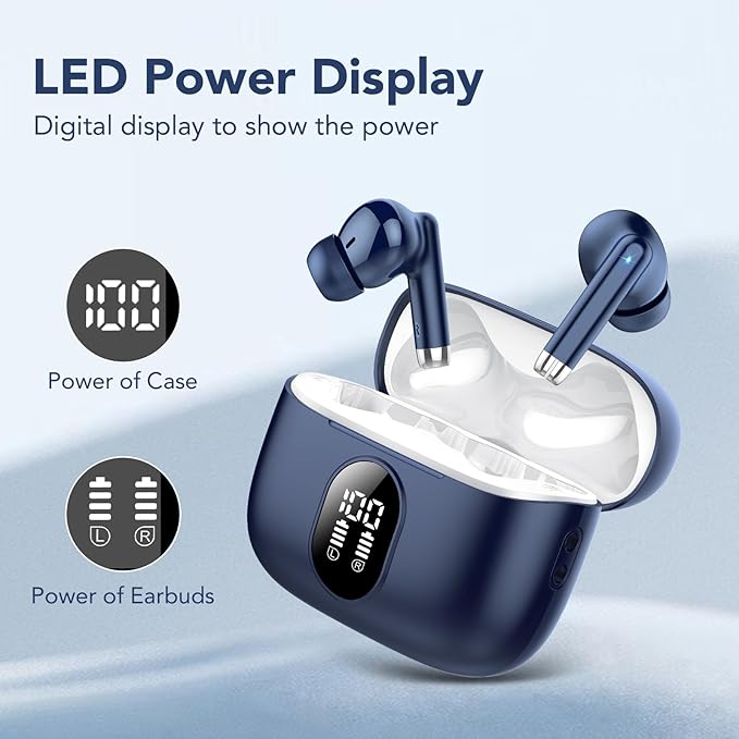 Wireless Earbuds, 2025 New Bluetooth 5.4 Headphones HiFi Stereo with 4 ENC Mic, 40H Mini Ear Buds In-Ear Noise Cancelling Earbuds with LED Screen, Ultra Light Bluetooth Earphones Blue for Android iOS