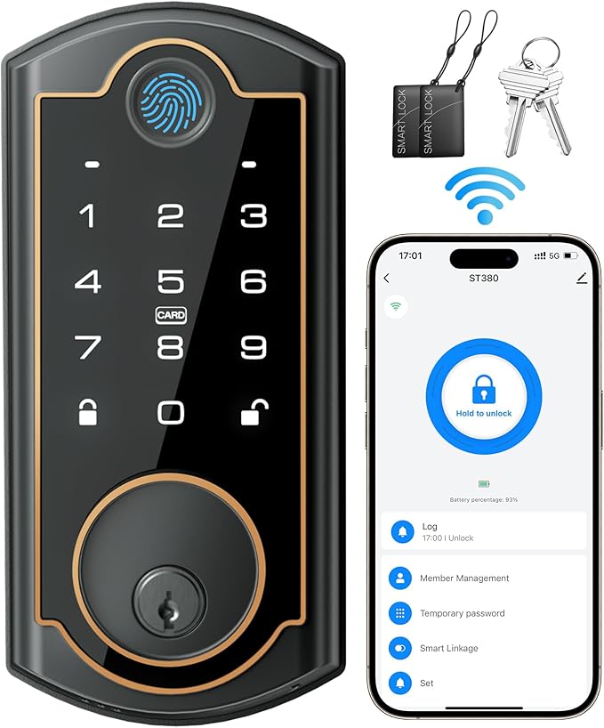 Smart Lock ST380, Built-in Wi-Fi, Fingerprint Keyless Entry Door Lock, Security Deadbolt Smart Locks for Front Door, App Remote Control & Auto Lock, IP56 Waterproof, (2025 Upgrade)