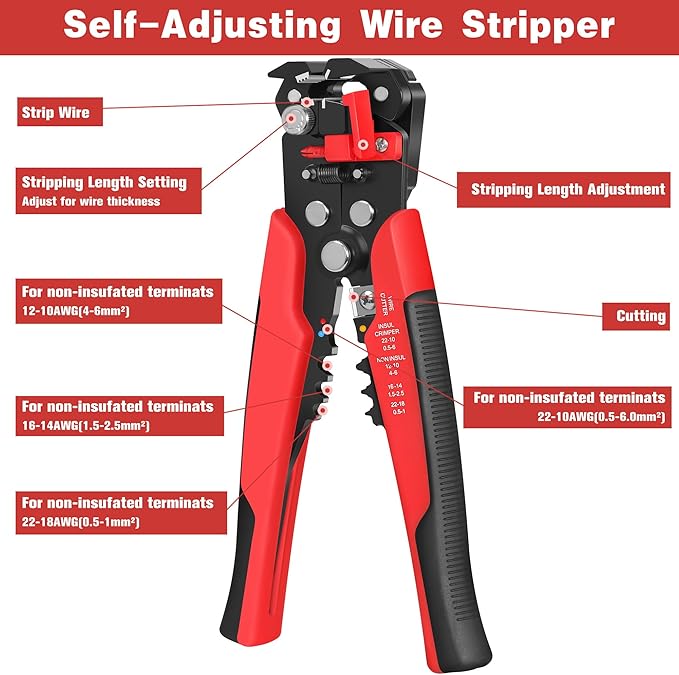 Kuject Wire Stripper and Crimping Tool Kit, AWG 24-10 Self-Adjusting Electrical Wire Stripping with AWG 22-10 Ratchet Wire Crimper for Heat Shrink Connectors