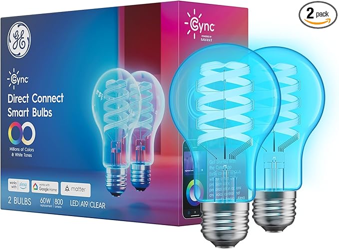 Cync GE A19 Direct Connect LED Light Bulb, Color Changing Smart Light, Matter Compatible, Compatible with Alexa and Google Home (2-Pack)