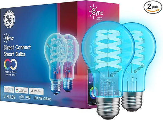 Cync GE A19 Direct Connect LED Light Bulb, Color Changing Smart Light, Matter Compatible, Compatible with Alexa and Google Home (2-Pack)