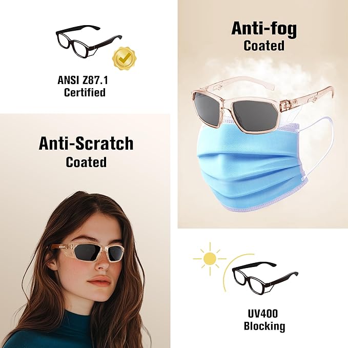 ProtectX Stylish Anti-Fog & Scratch-Resistant Safety Glasses With Readers, UV Protection Goggles, Anti-Impact Lightweight Glasses for Men＆Women Cold Brew Tinted Smoke
