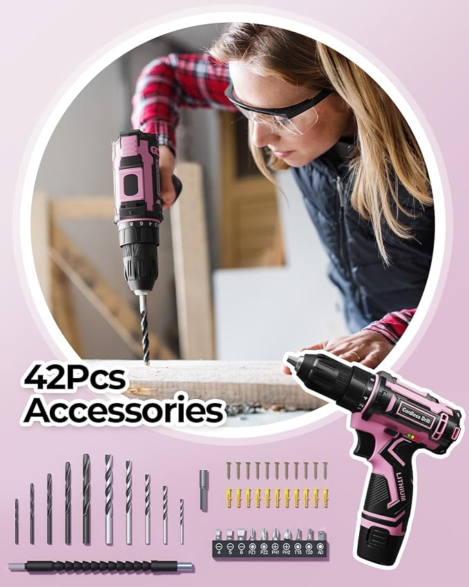 Pink Cordless Drill Set, Electric Power Drill for Women, Lightweight Electric Screwdriver Driver with Battery & Charger, 3/8" Keyless Chuck, Womens Tool Kit for Home DIY Projects
